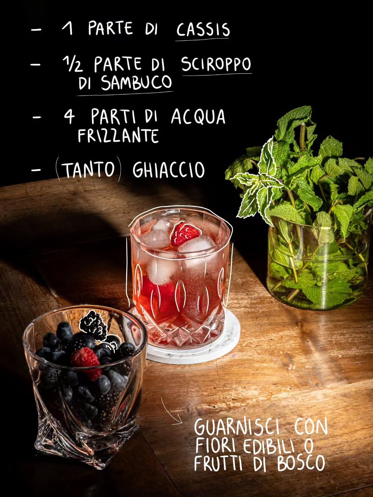 Ingredienti del Cassis & Sambuco Spritz: 1 parte di cassis, mezza parte di sciroppo di sambuco, 4 parti di acqua frizzante e ghiaccio