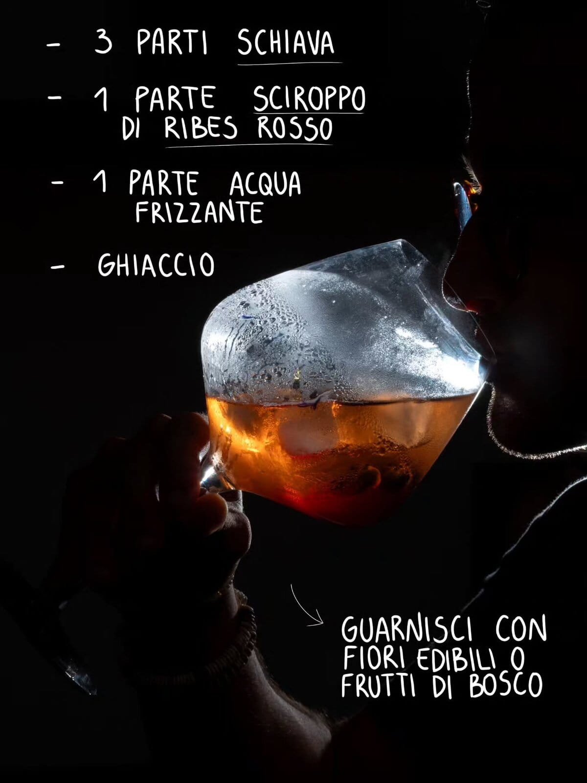 Ingredienti dello Schiava & Ribes Spritz: 3 parti di Schiava, 1 parte di sciroppo di ribes rosso, 1 parte di acqua frizzante e ghiaccio